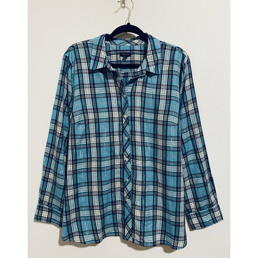 Talbots Top Womens XL Teal Blue Pink Plaid Silver Metallic Lightweight Button Up